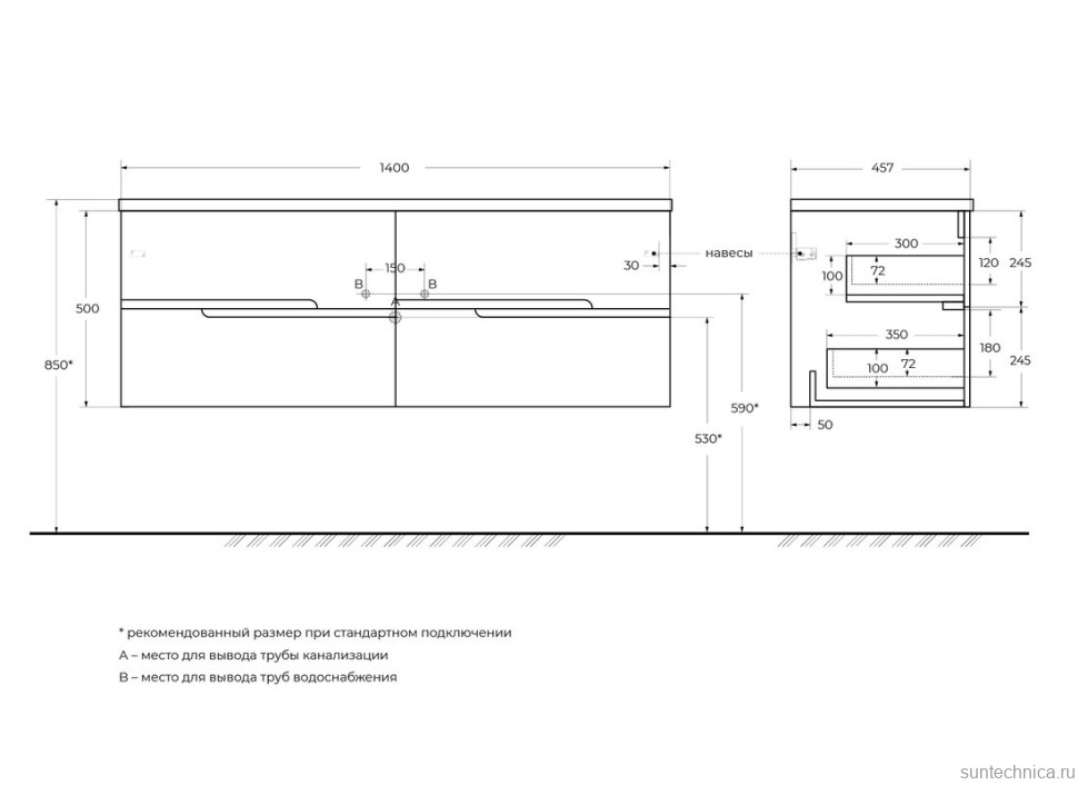 Тумба с раковиной Cezares Duet 140 bianco lucido, раковина Cezares CZR-8095-140-2 двойная