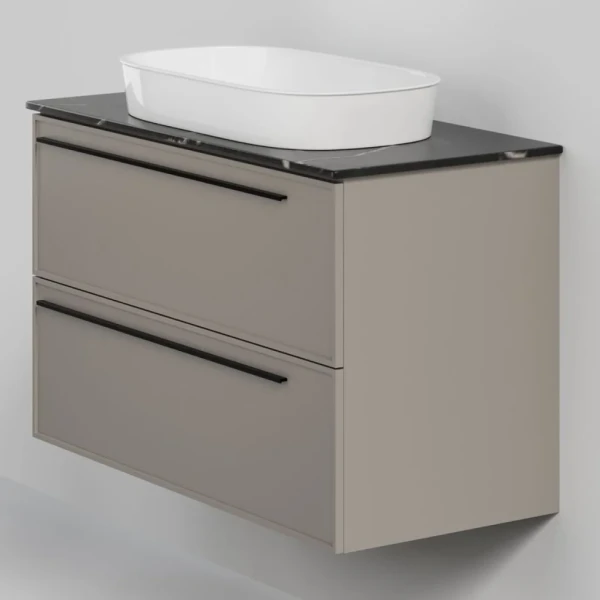 Тумба под раковину со столешницей La Fenice Elba Twin 100 подвесная, cappuccino, бежевая матовая, столешница черный мрамор