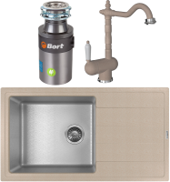 Комплект Мойка Florentina Комби 860 песочная + Смеситель Ода FL песочный + Измельчитель Bort Titan 4000 Control