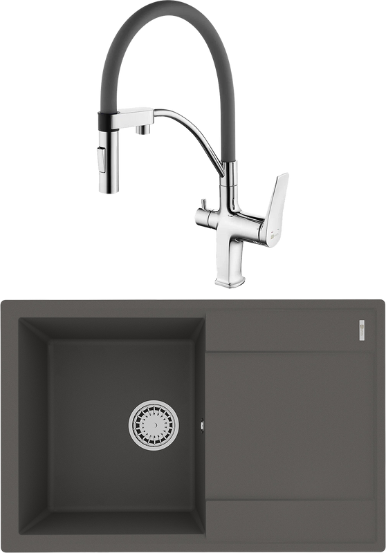 Комплект Мойка Lemark Imandra 760 9910029 серый шелк + Смеситель Comfort LM3074C-Gray с гибким изливом, хром, серый