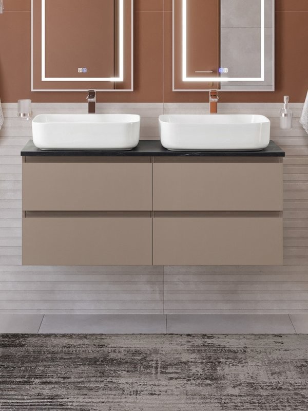 Тумба под раковину со столешницей BelBagno Kraft 120 подвесная, матовая бежевая, столешница kep-120-2-mno, для двоих