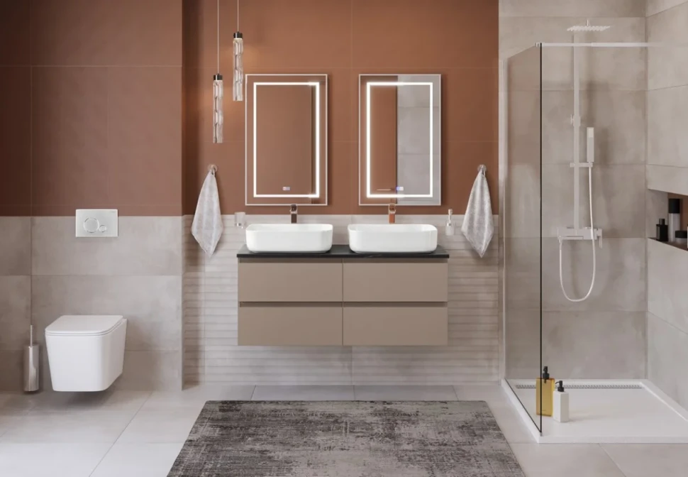 Тумба под раковину со столешницей BelBagno Kraft 120 подвесная, матовая бежевая, столешница kep-120-2-mno, для двоих