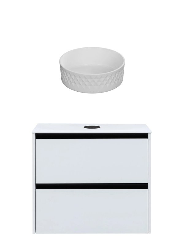 Тумба с раковиной Allen Brau Activity 80 с подсветкой, матовый белый, черный браш, столешница белая, раковина Fantasy Romb 36 белая