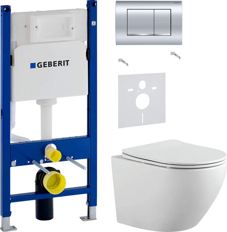 Комплект Унитаз подвесной Bauedge Bau Dream PRO-2 безободковый, с микролифтом, белый + Звукоизоляция Geberit + Инсталляция Duofix Delta 458.163.21.1 с кнопкой смыва, хром