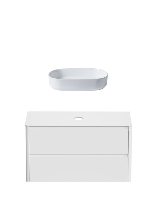 Тумба с раковиной Allen Brau Gravity 120 2 ящика, матовый белый, столешница белая, раковина Fantasy Oval 55, белая