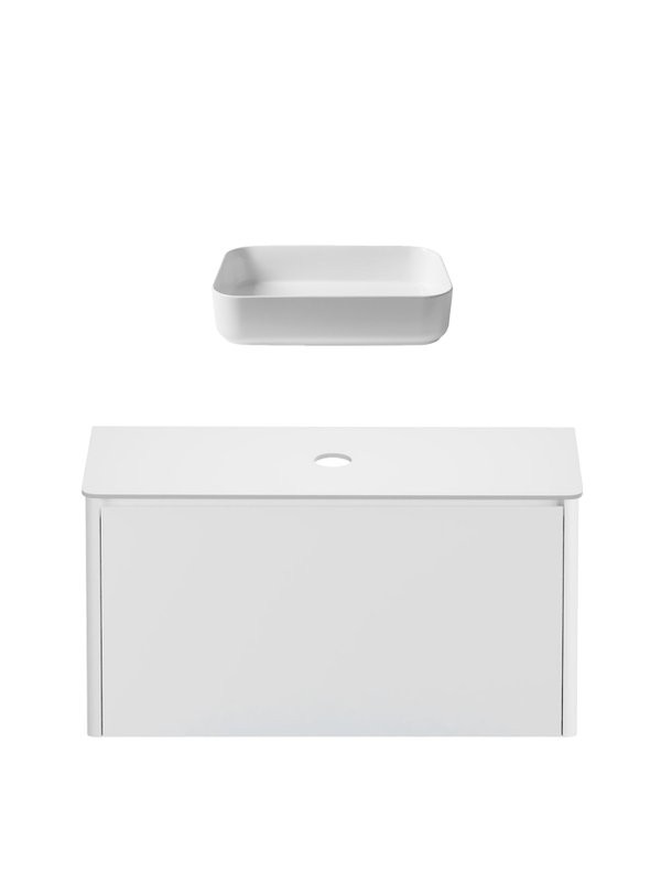 Тумба с раковиной Allen Brau Gravity 100 1 ящик, матовый белый, столешница белая, раковина Fantasy Quad 50, белая