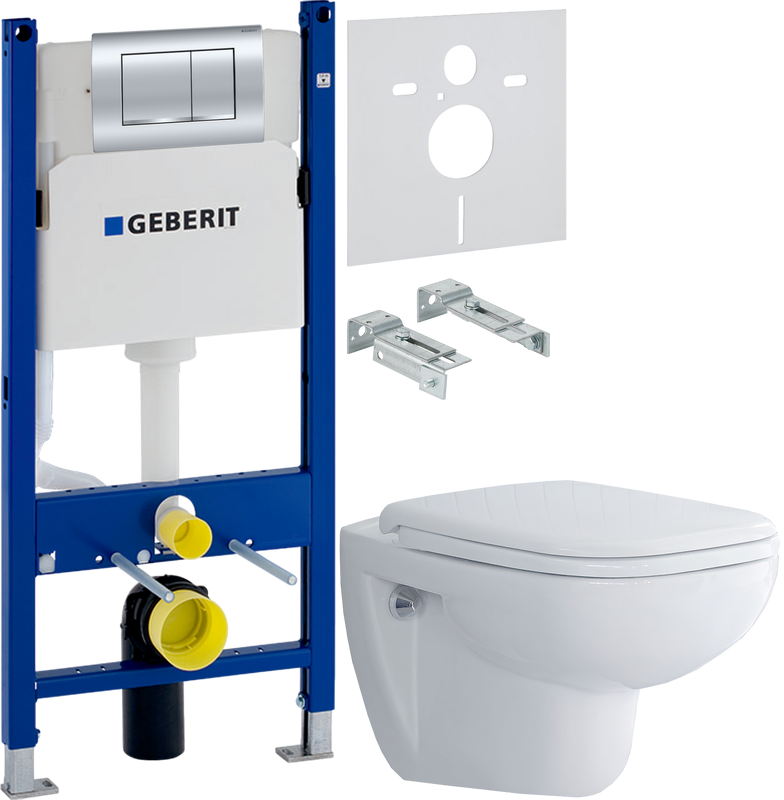Комплект Унитаз подвесной Duravit D-code 45700900A1 безободковый + Инсталляция Geberit Duofix Delta 458.163.21.1 с кнопкой смыва, хром + Звукоизоляция