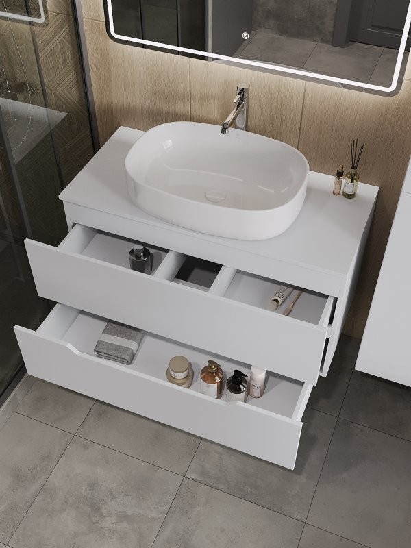 Мебель для ванной комнаты Orange Line 100 подвесная, 2 ящика, матовая белая с раковиной B04-600W