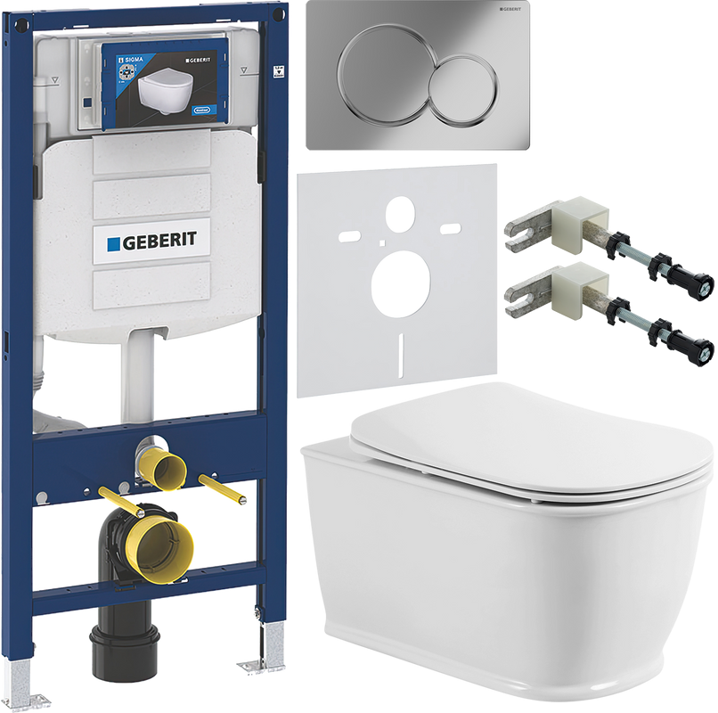 Комплект Унитаз подвесной BelBagno Prado BB10150CH безободковый + Крышка BB10150SC с микролифтом, петли хром + Инсталляция Geberit Duofix UP 320 111.300.00.5 + Кнопка Sigma 01 115.770.21.5 хром + Крепления 111.815.00.1 к стене + Звукоизоляция