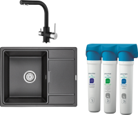 Комплект Мойка кухонная Paulmark Flugen 50-650 PM216550-BL черный + Смеситель Essen Es213011-418 черный металлик + Фильтр Refine System