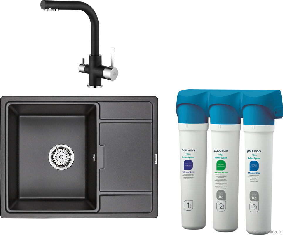 Комплект Мойка кухонная Paulmark Flugen 50-650 PM216550-BL черный + Смеситель Essen Es213011-418 черный металлик + Фильтр Refine System