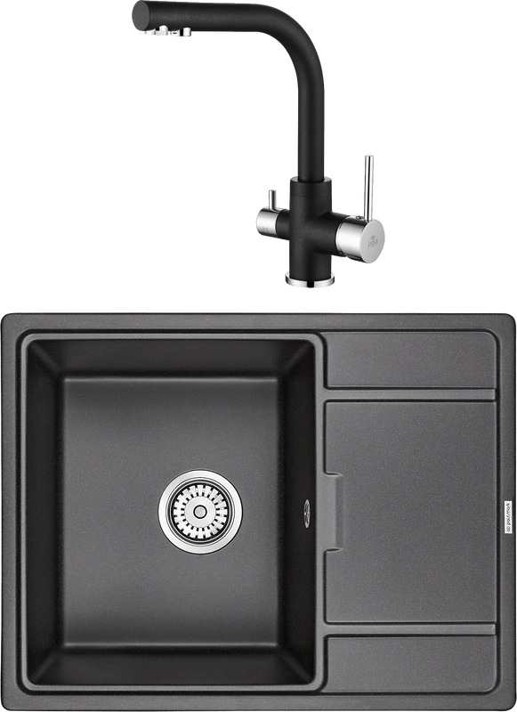 Комплект Мойка кухонная Paulmark Flugen 50-650 PM216550-BL черный + Смеситель Essen Es213011-418 черный металлик + Фильтр Refine System