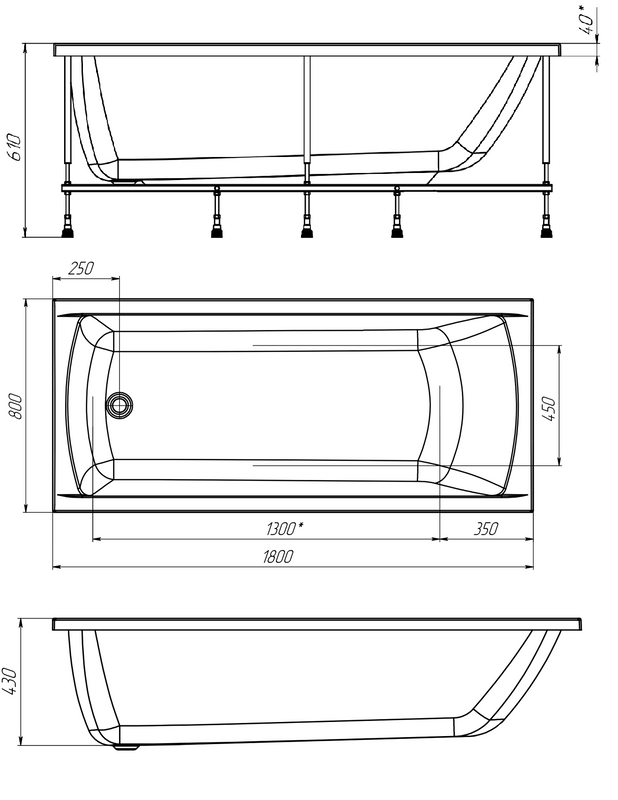 Акриловая ванна 1MarKa Modern 180x80 см, пристенная, белая, с каркасом