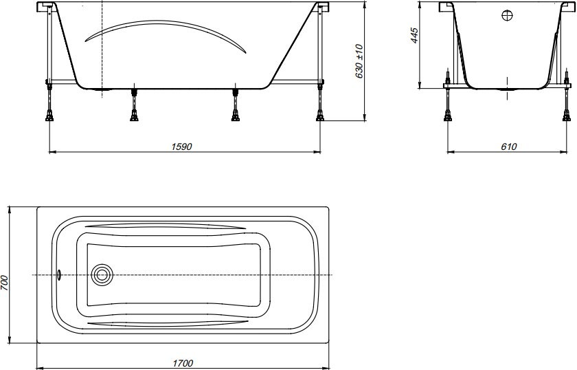 Акриловая ванна Roca Line 170x70 см, пристенная, белая, с каркасом, со сливом-переливом