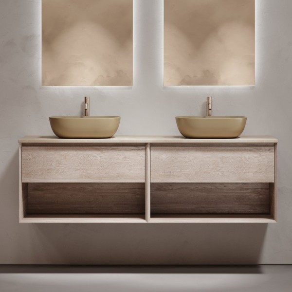 Тумба с раковиной Sancos Marmi 1.0 160 дуб галифакс натуральный, столешница бежевая TT160A2X, раковина CN6009MC