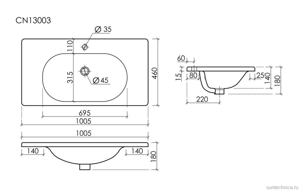 Раковина накладная Ceramicanova Sabo с отверстием под смеситель 100 CN13003 белый