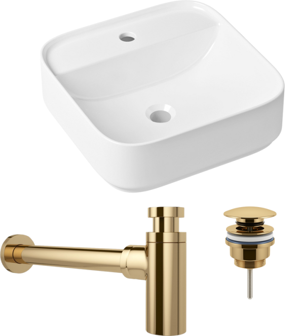 Комплект Накладная раковина Lavinia Boho Bathroom Sink Slim 33311007 + Донный клапан Wellsee Drainage System 182141000 золото + Сифон 182106000 золото