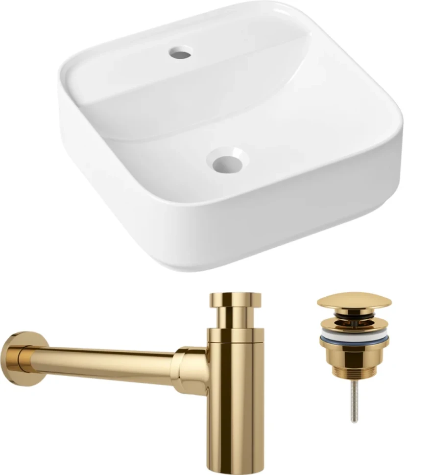 Комплект Накладная раковина Lavinia Boho Bathroom Sink Slim 33311007 + Донный клапан Wellsee Drainage System 182141000 золото + Сифон 182106000 золото