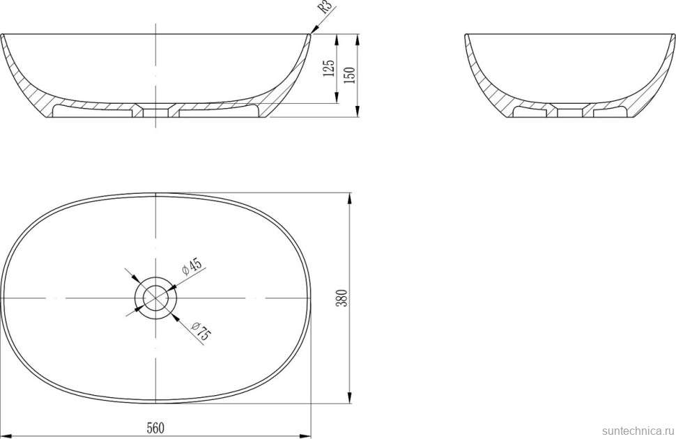 Накладная раковина Abber Stein AS2636 56 матовая белая, овальная, искусственный камень