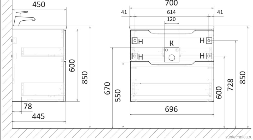 Тумба с раковиной Raval Wector 70, подвесная, белая