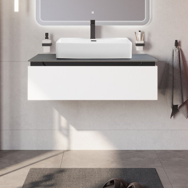 Тумба с раковиной Cezares Slider 100 подвесная, 1 ящик, bianco opaco, со столешницей marmo nero opaco