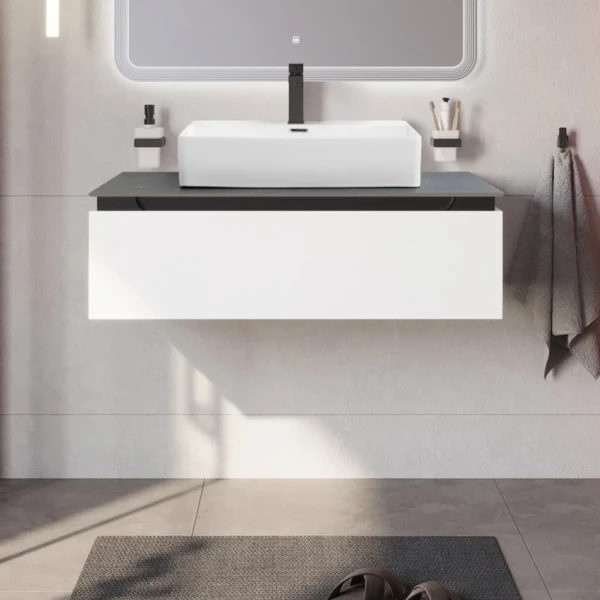 Тумба с раковиной Cezares Slider 100 подвесная, 1 ящик, bianco opaco, со столешницей marmo nero opaco