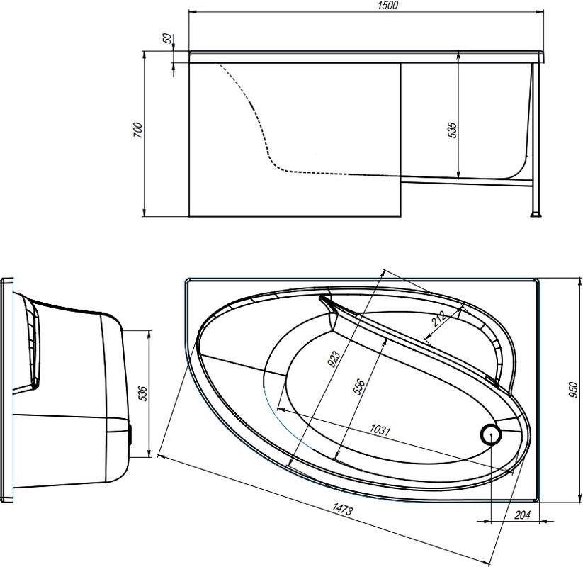 Акриловая ванна Alex Baitler Nero R 150x95 см, угловая, правая, встраиваемая, белая, асимметричная, с экраном