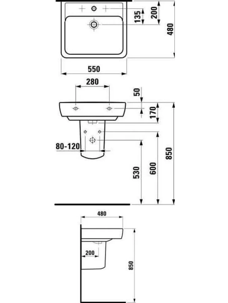 Раковина Laufen Pro 8.1895.1.000.104.1 55 прямоугольная, с полупьедесталом
