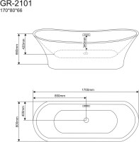 Акриловая ванна Grossman GR-2101 170x80 см, отдельностоящая, белая, овальная, с каркасом, со сливом-переливом