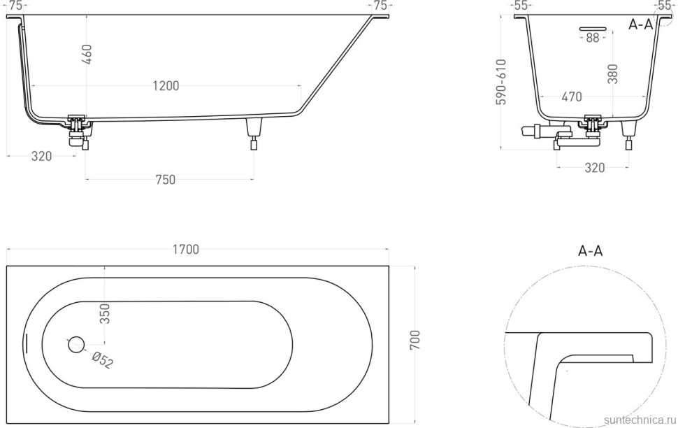 Ванна из искусственного камня Salini Ornella Kit S-Sense 170x70 см, встраиваемая, белая, на ножках, со сливом-переливом