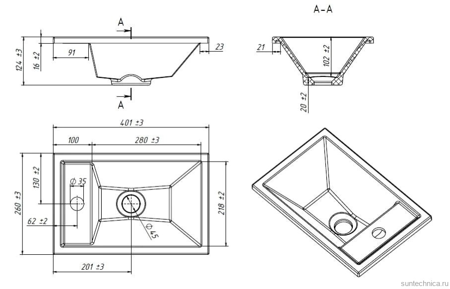 Консоль с раковиной Belux Мини 40 подвесная, цвет консоли черный, сифон круглый, черный