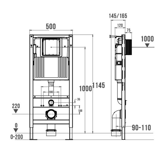Инсталляция для унитаза Wonzon & Woghand WW-TI743A-H пневматическое управление, крепление к полу и стене
