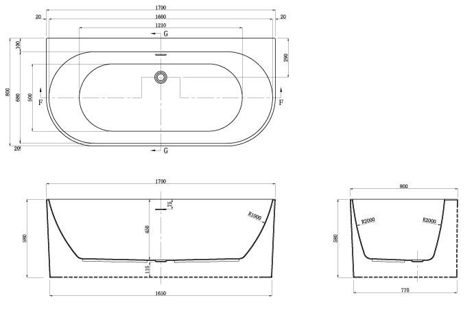 Ванна акриловая Azario Bradford 1700*800*580 пристенная, с сифоном и металлической рамой BRA17080