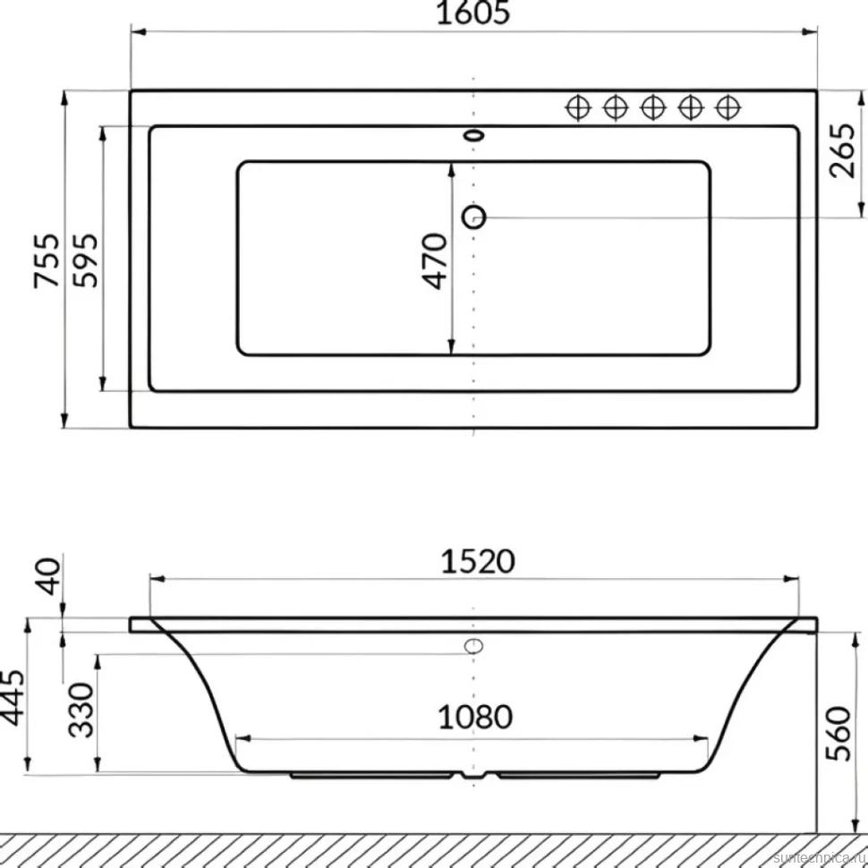 Акриловая ванна Excellent Pryzmat Line 160x75 см, встраиваемая, с гидромассажем, белая, с каркасом, со сливом-переливом, фурнитура золото