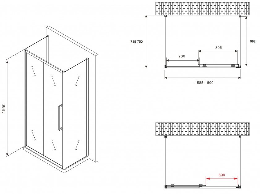 Душевой уголок Abber Schwarzer Diamant AG30160MH-S75M-S75M 160x75, профиль хром, стекло матовое