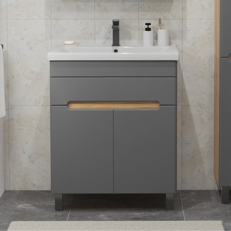 Тумба с раковиной SanStar Модена 70 напольная, графит софт, дуб вотан, раковина Миранда 70