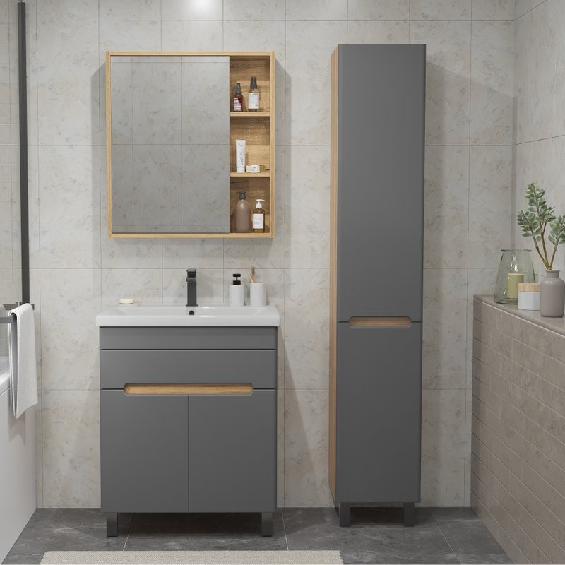 Тумба с раковиной SanStar Модена 70 напольная, графит софт, дуб вотан, раковина Миранда 70