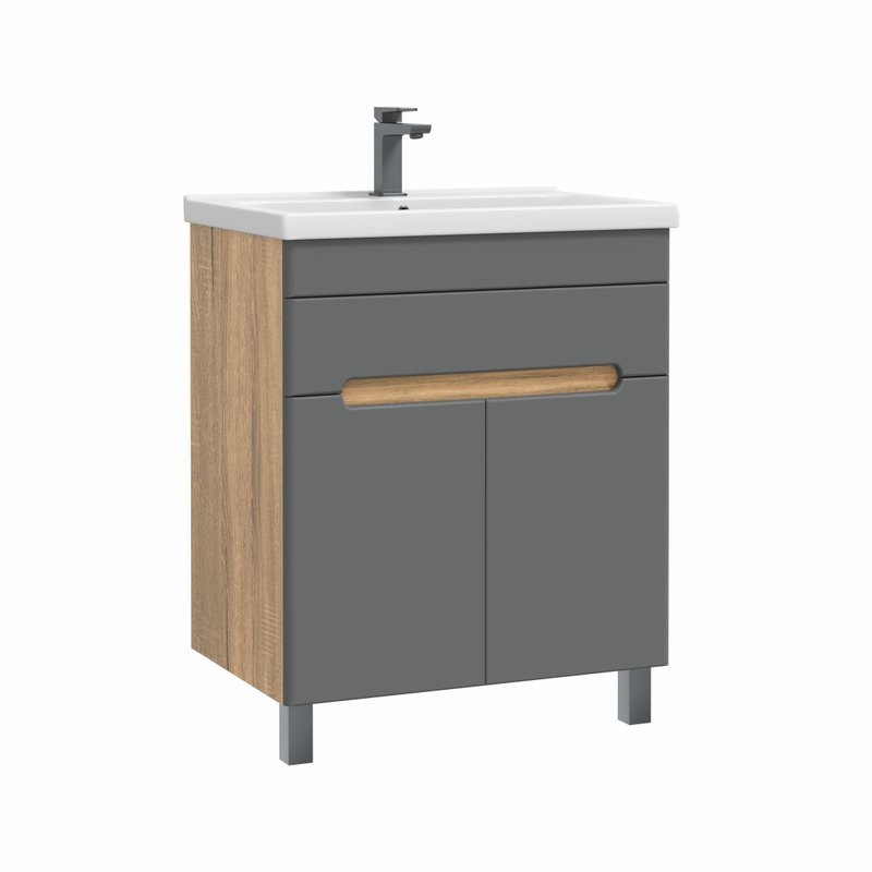 Тумба с раковиной SanStar Модена 70 напольная, графит софт, дуб вотан, раковина Миранда 70