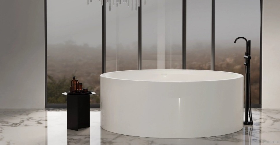 Ванна из искусственного камня Salini Isola S-Sense 200x200 см, отдельностоящая, матовая белая, круглая, с донным клапаном