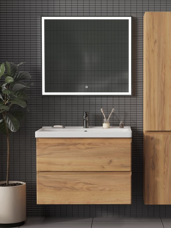 Мебель для ванной комнаты SanStar Riana 100 подвесная, дуб крафт золотой, раковина Миранда 100