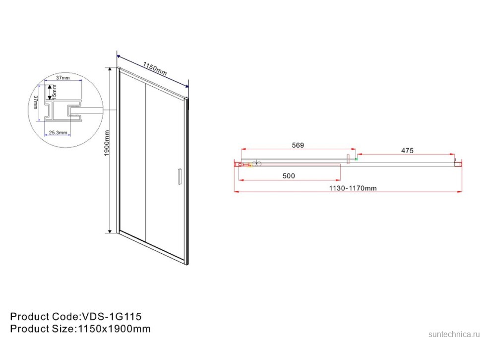 Душевая дверь в нишу Vincea Garda VDS-1G115CLG 115 см, профиль брашированное золото, стекло прозрачное