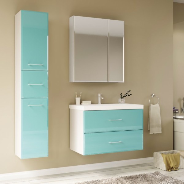 Мебель для ванной комнаты Marka One Mix 70П с 2 ящиками, бирюзовое стекло, ручки рейлинг