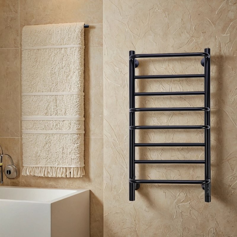 Полотенцесушитель электрический Comfysan Puro EC-8 80x55 см, скрытое подключение справа, слева, матовый черный, лесенка, из стали, с полкой