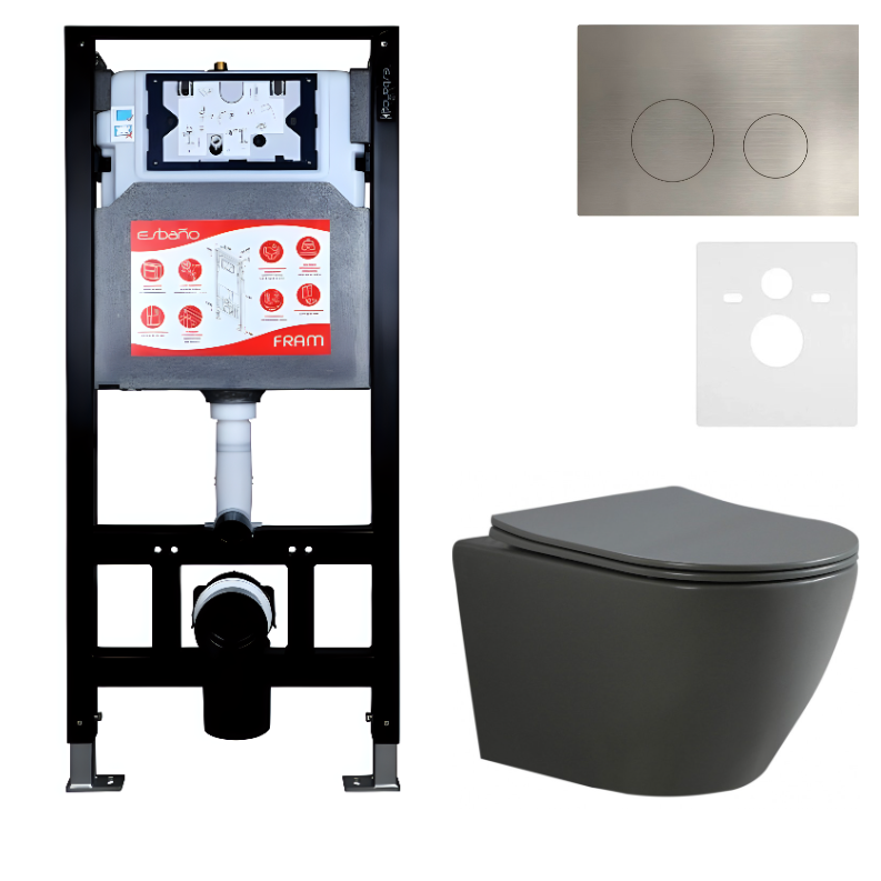 Комплект Унитаз подвесной Esbano Amapola ESUPAMAPGM матовый серый + Инсталляция Fram + Кнопка ESINMTK60ST