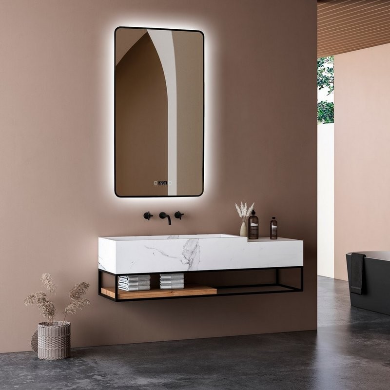 Зеркало Abber See AG6114SWHB 60х100 см, с подсветкой, с часами, черное