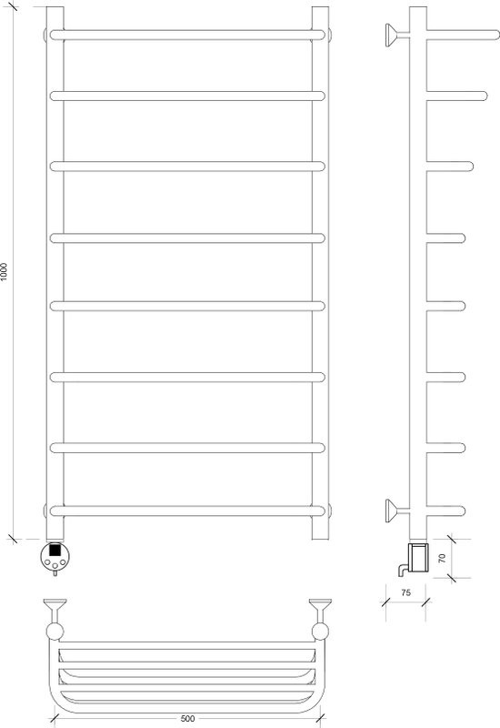 Полотенцесушитель электрический Secado Мерида 2 СП 100x50 см, подключение слева, матовый черный, лесенка, с полкой