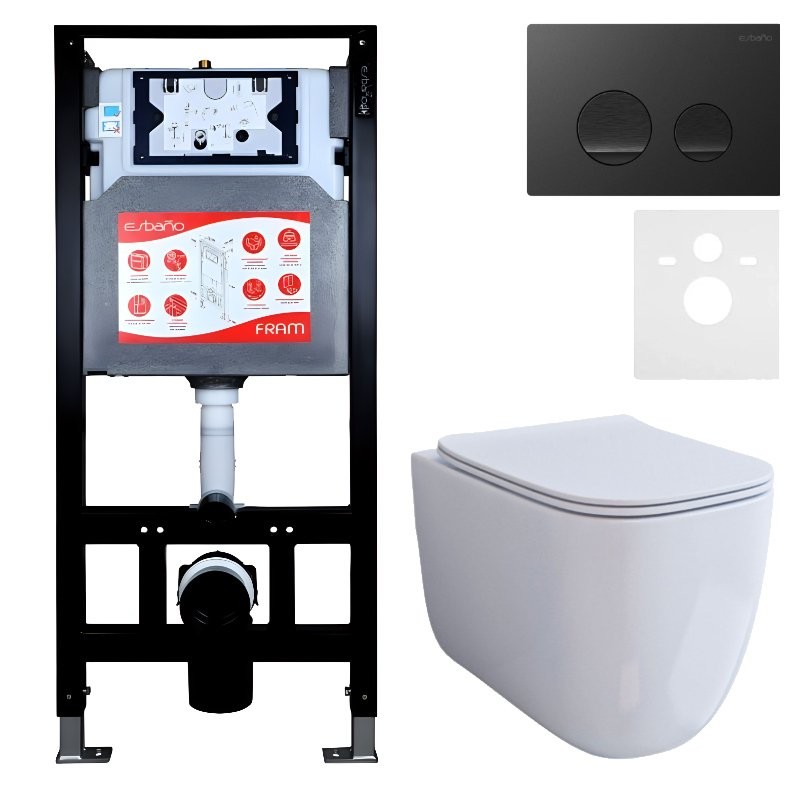 Комплект 3 в 1 Унитаз подвесной Esbano ESUPGARAW + Инсталляция Fram + Кнопка ESINSLM37MB цвет матовый черный