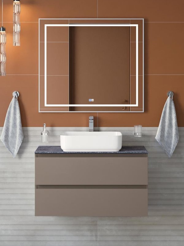 Мебель для ванной комнаты BelBagno Kraft 90 подвесная, матовая бежевая, столешница kep-90-grn, раковина BB1304