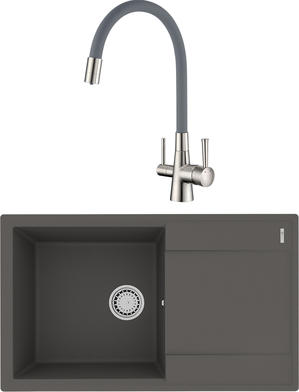 Комплект Мойка Lemark Imandra 840 9910035 серый шелк + Смеситель Comfort LM3075BN с гибким изливом, никель, серый