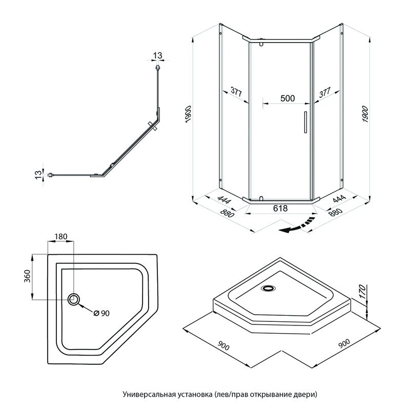 Душевой уголок Triton Дека -Графит 90х90х207, с поддоном, профиль вороненая сталь, стекло прозрачное